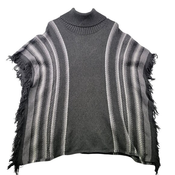 Eddie Bauer Womens Gray Knit Poncho XL/2XL Cotton Blend Striped Fringe Details - Picture 1 of 9